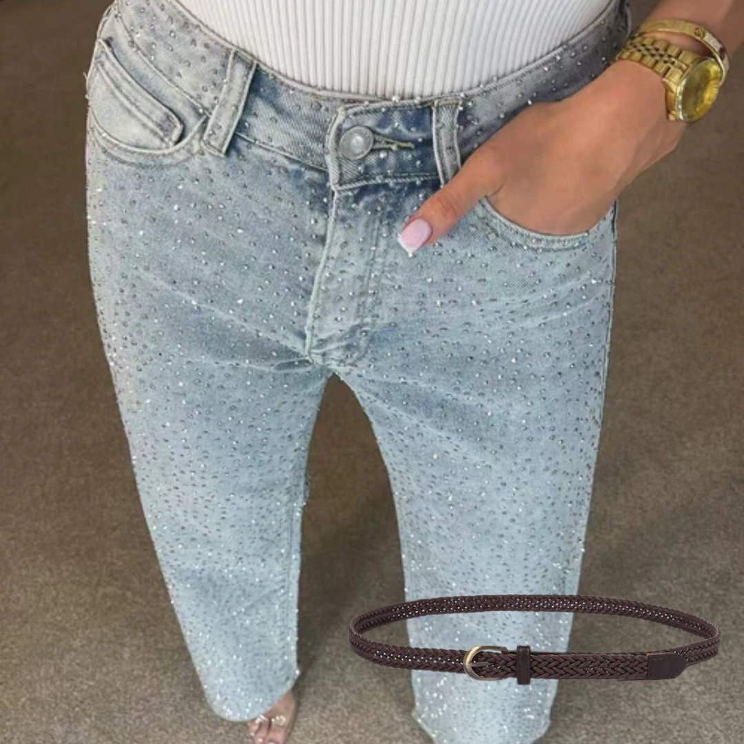 Icone™ SparklingJeans: Rhinsten-utsmykkede Jeans med Høy Midje, Rette Ben og Belte