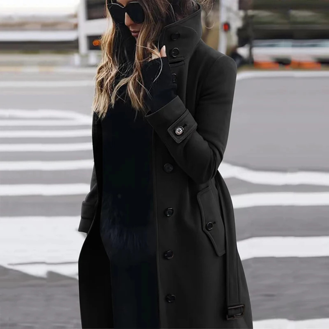 Icone™ StylishCoat: Alsidig Mid-Længde Højhalset Knappet Stilfuld Frakke