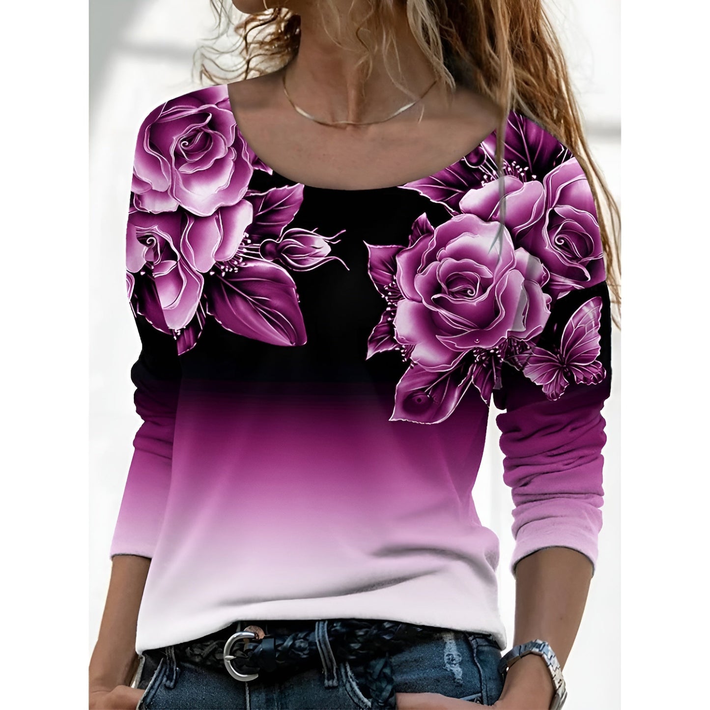 Icone™ FloralLongsleeves: Dame Avslappet Komforttopp Rund Hals Blomstret Langermet