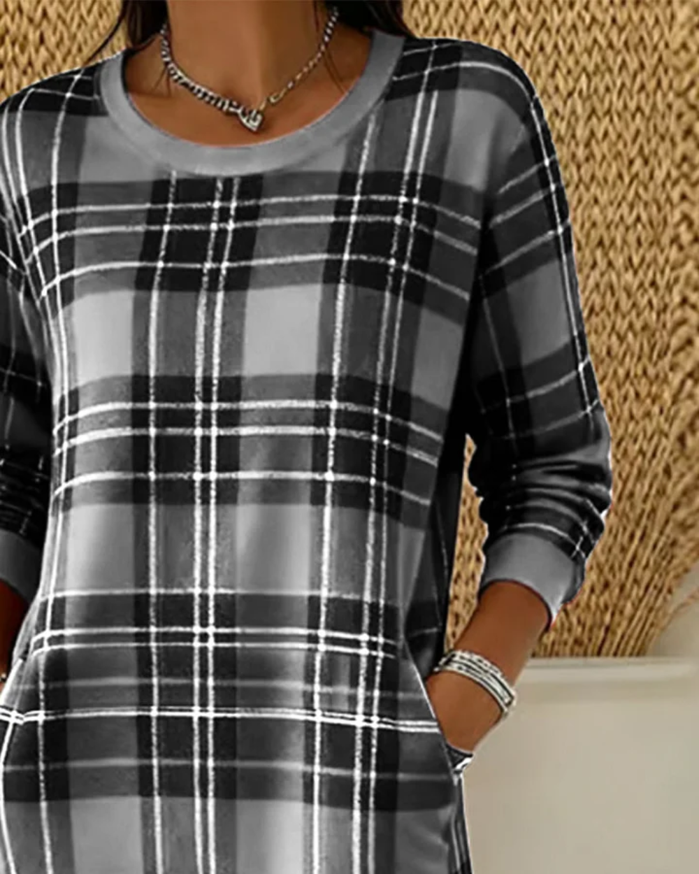Icone™ CheckeredDress: Uformell Avslappet Langermet Rutete Kjole