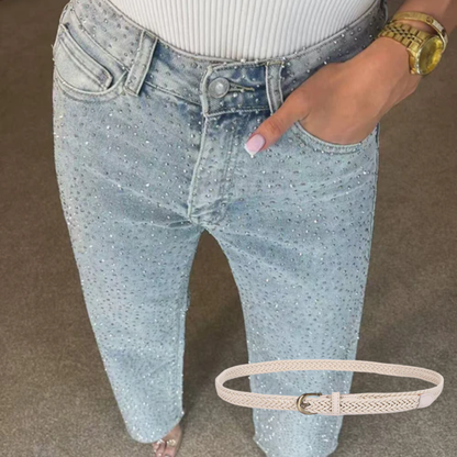 Icone™ SparklingJeans: Rhinsten-utsmykkede Jeans med Høy Midje, Rette Ben og Belte