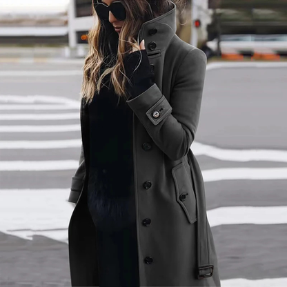 Icone™ StylishCoat: Alsidig Mid-Længde Højhalset Knappet Stilfuld Frakke