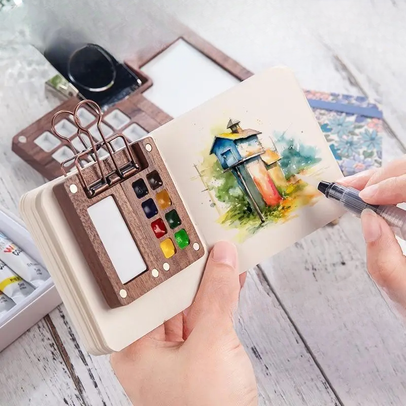 PaintPalette: Mini Træ Bærbar Kunstner Malepalette Kasse