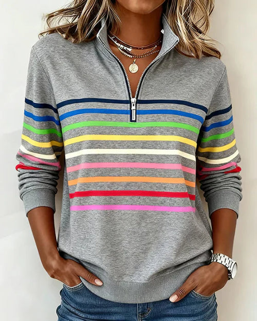 Icone™ ComfySweatshirt: Regnbuestripet Uformell Halv-Glidelås Komfortabel Sweatshirt
