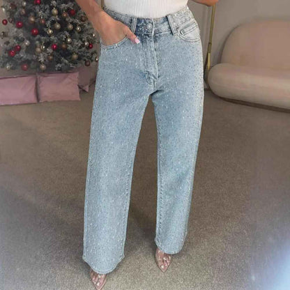 Icone™ SparklingJeans: Rhinsten-Udsmykkede Højtaljede Lige-Ben Mousserende Jeans Med Bælte