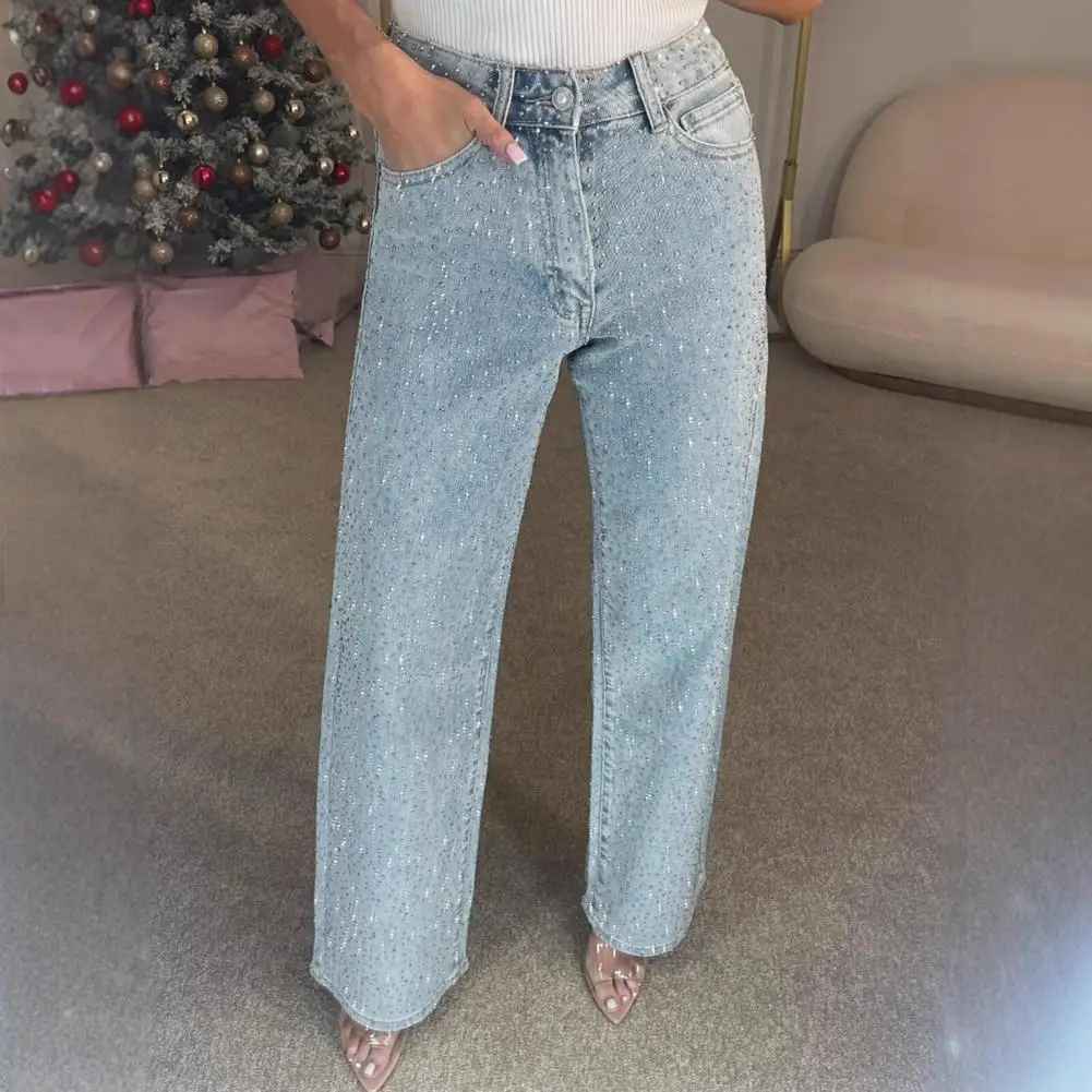 Icone™ SparklingJeans: Rhinsten-utsmykkede Jeans med Høy Midje, Rette Ben og Belte