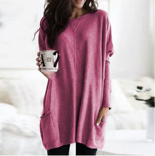 Icone™ PocketBlouse: Lang Erme Løs Avslappet Lommebluse