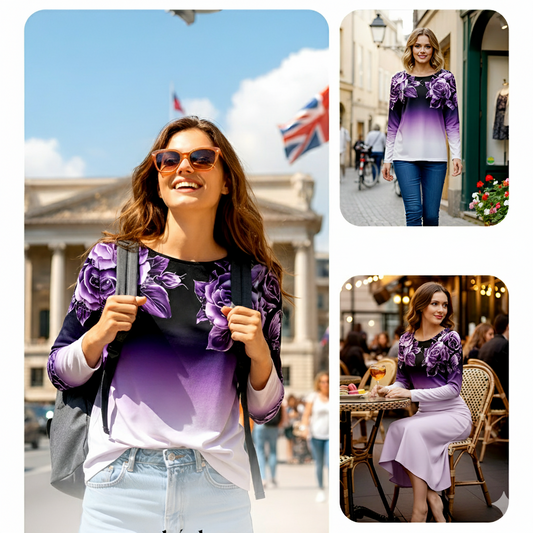 Icone™ FloralLongsleeves: Dame Avslappet Komforttopp Rund Hals Blomstret Langermet
