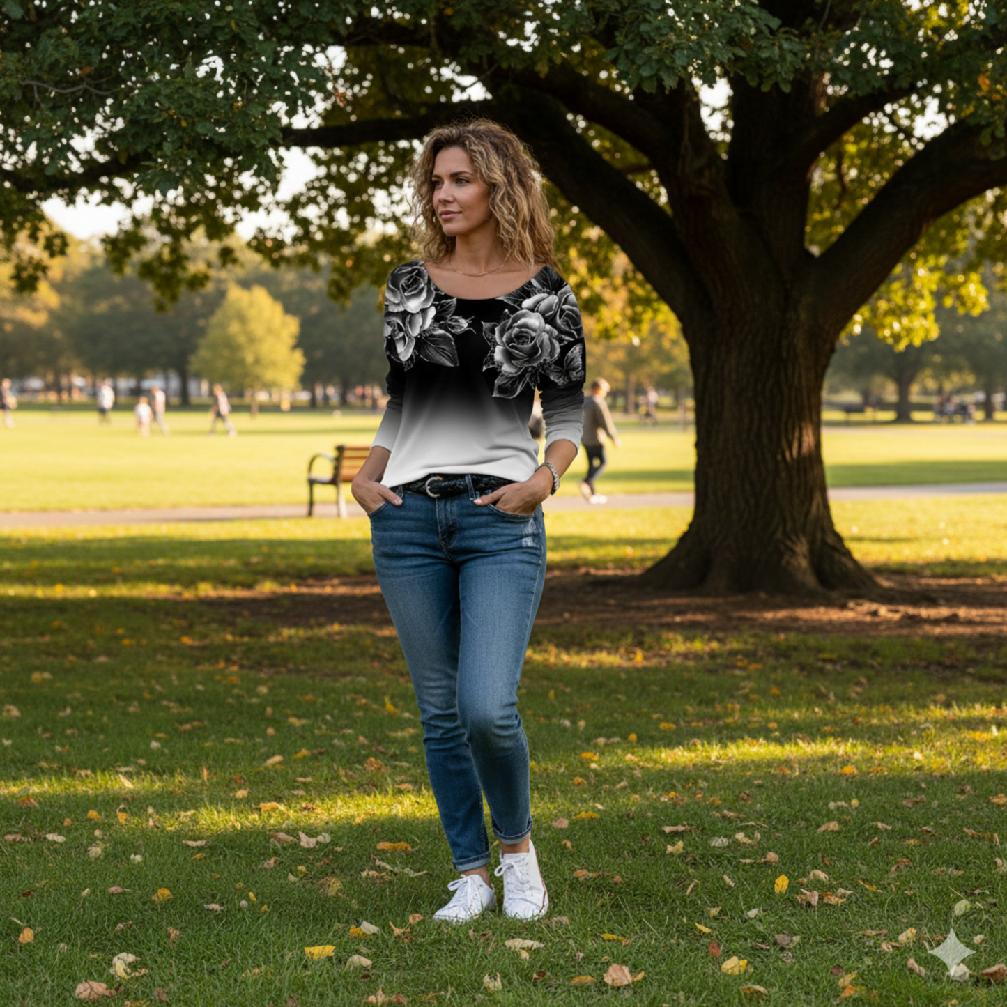 Icone™ FloralLongsleeves: Dame Avslappet Komforttopp Rund Hals Blomstret Langermet