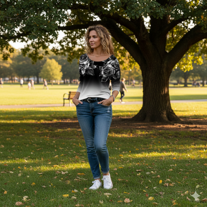 Icone™ FloralLongsleeves: Dame Avslappet Komforttopp Rund Hals Blomstret Langermet