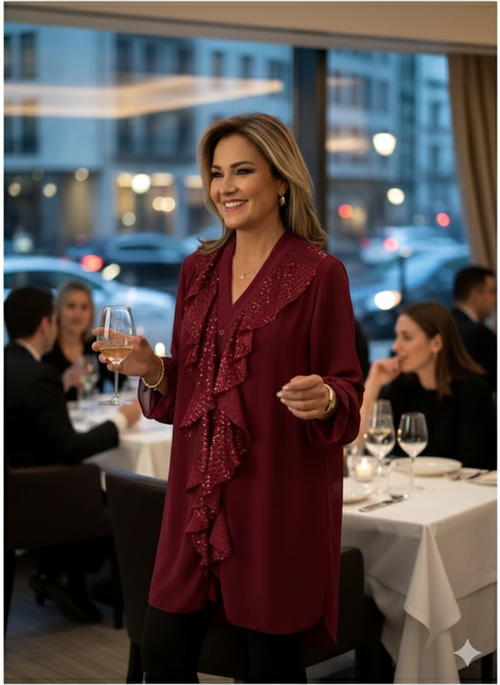 Icone™ SequinBlouse: Dame Rysjet V-hals Løs Passform Lang Paljettbluse