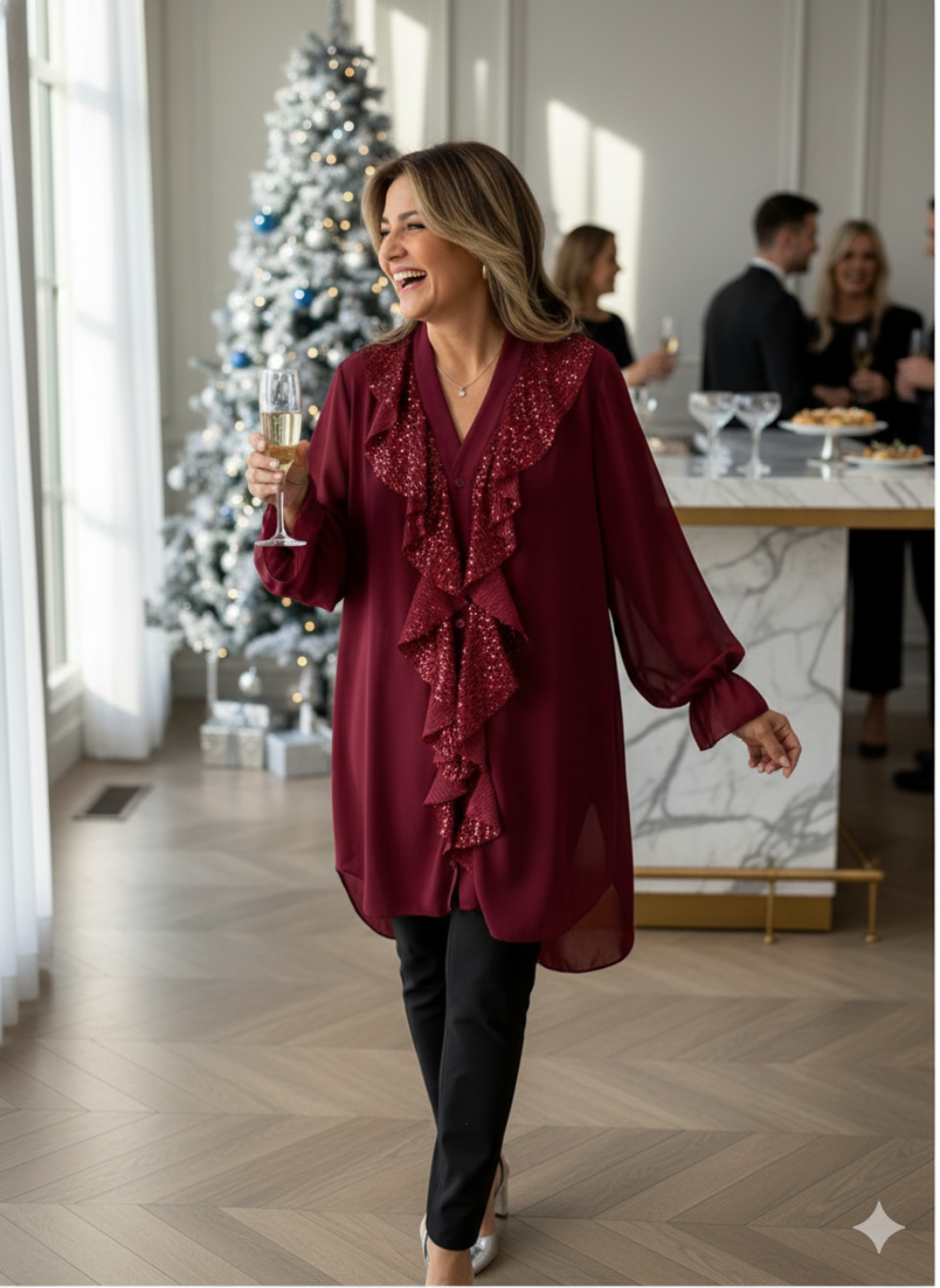 Icone™ SequinBlouse: Dame Rysjet V-hals Løs Passform Lang Paljettbluse