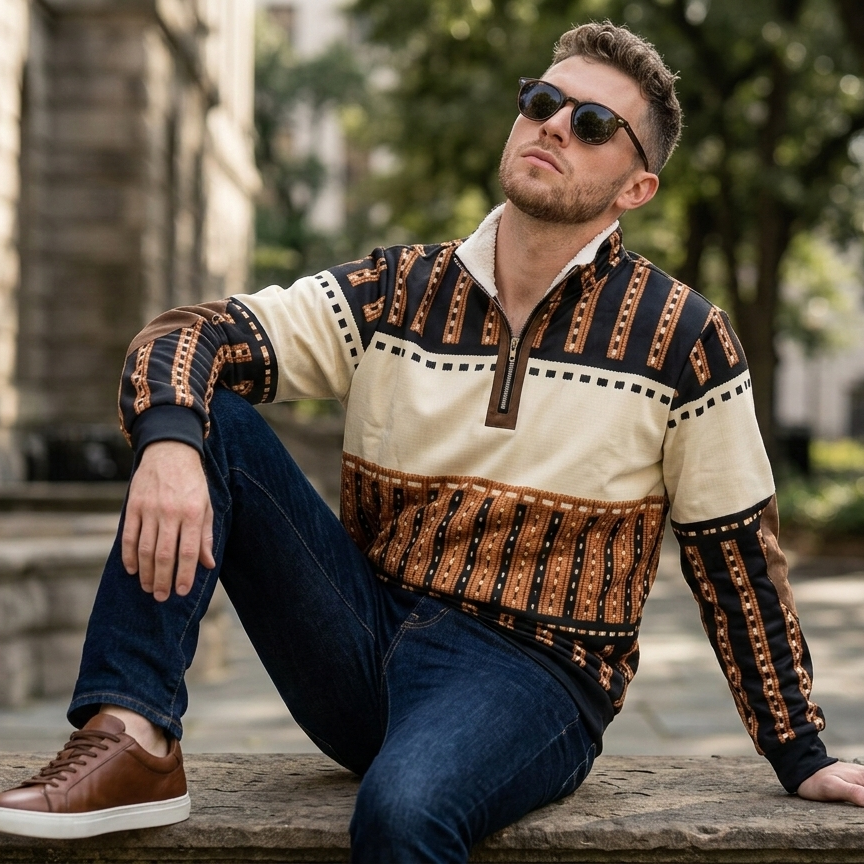 Icone™ RetroSweatshirt: Mænds Stilfulde Halv-Lynlås Stå-Krave Retro Sweatshirt