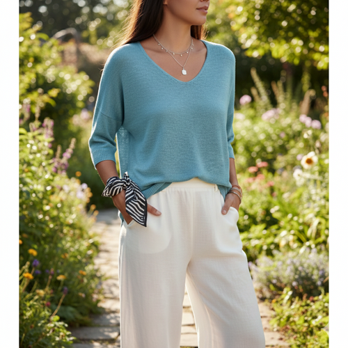 Icone™ KnittedTop: Kvinner V-hals Midt-ermet Lett Strikket Topp
