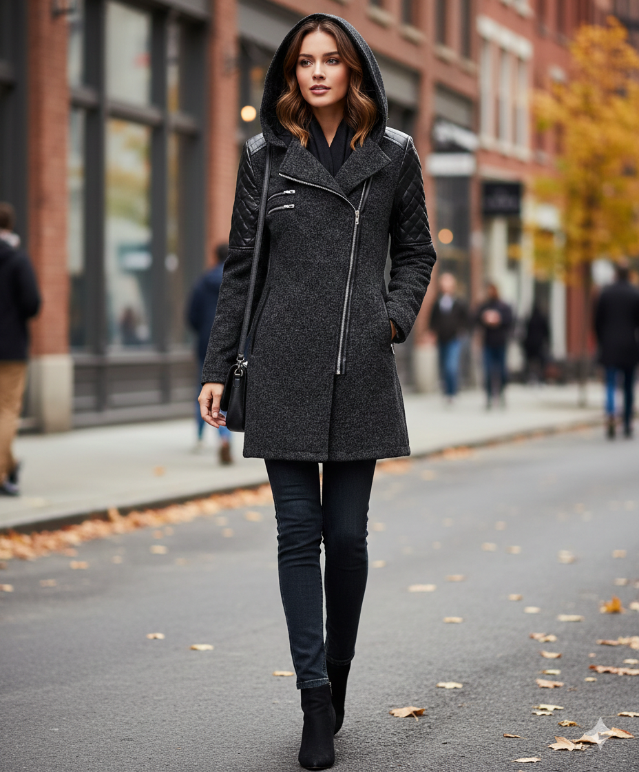 Icone™ ClassicCoat: Elegant Med Hætte Midt-Længde Slim-Fit Klassisk Frakke