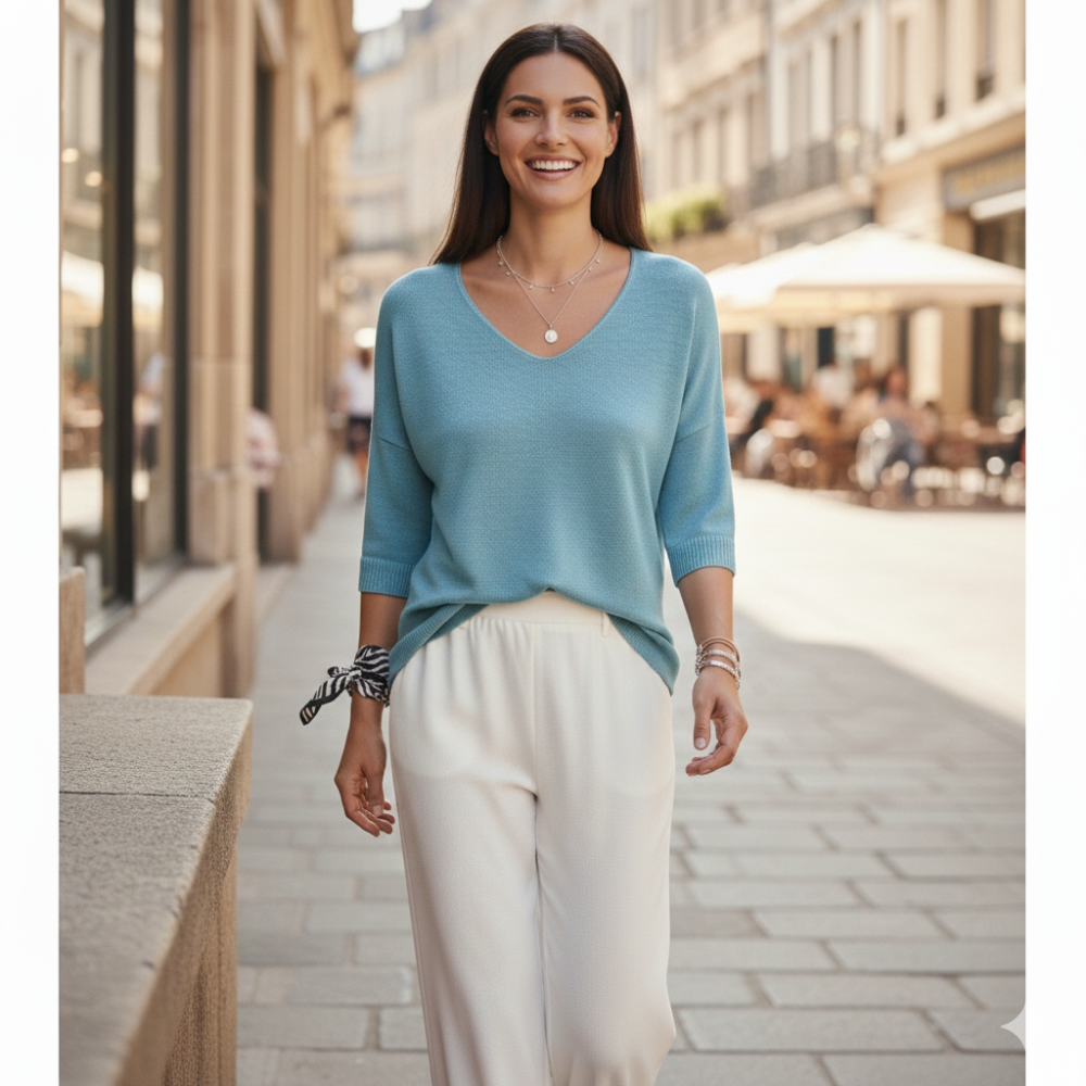 Icone™ KnittedTop: Kvinner V-hals Midt-ermet Lett Strikket Topp