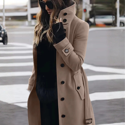Icone™ StylishCoat: Alsidig Mid-Længde Højhalset Knappet Stilfuld Frakke