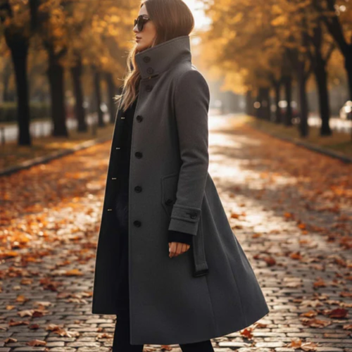 Icone™ StylishCoat: Alsidig Mid-Længde Højhalset Knappet Stilfuld Frakke