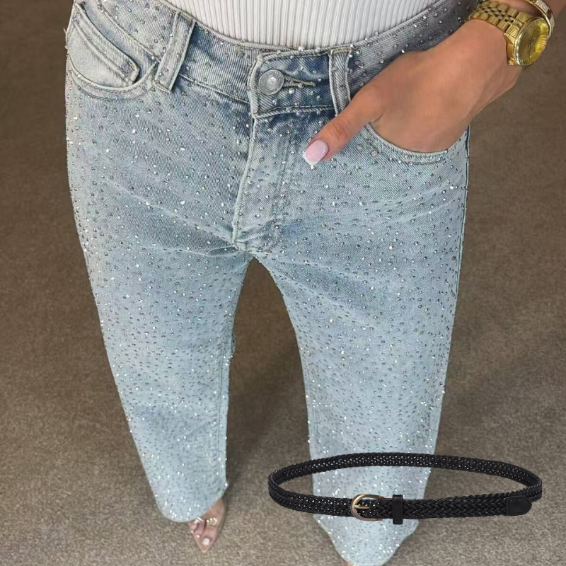 Icone™ SparklingJeans: Rhinsten-utsmykkede Jeans med Høy Midje, Rette Ben og Belte