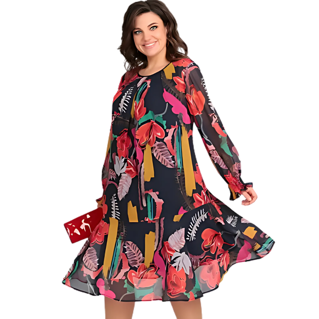 Icone™ FlowerDress: Langermet Løs Passform Blomsterprintkjole