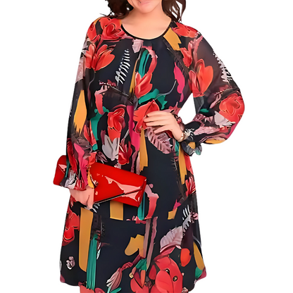 Icone™ FlowerDress: Langermet Løs Passform Blomsterprintkjole