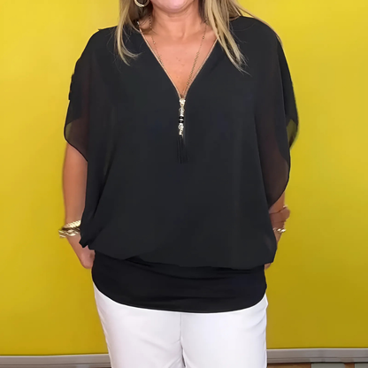 Icone™ LooseBlouse: Komfortabel V-hals med glidelås løs bluse til kvinner