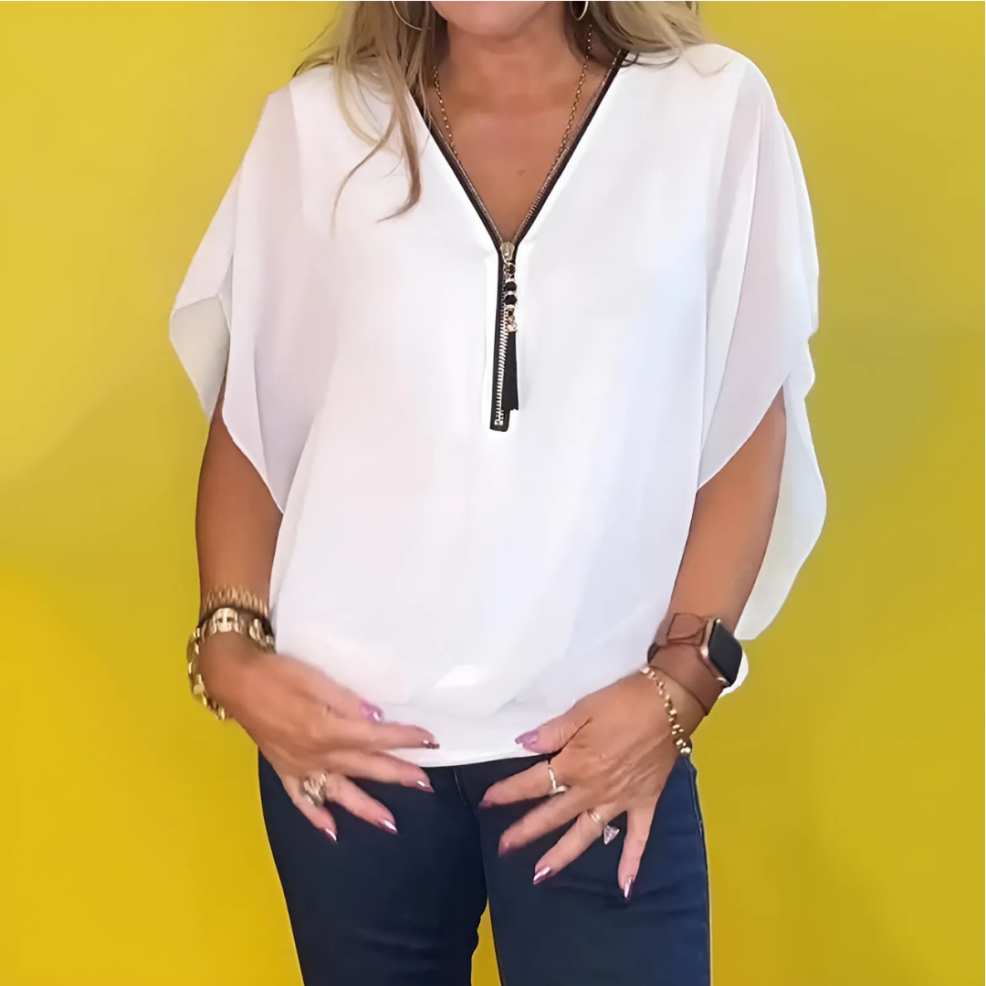 Icone™ LooseBlouse: Komfortabel V-hals med glidelås løs bluse til kvinner