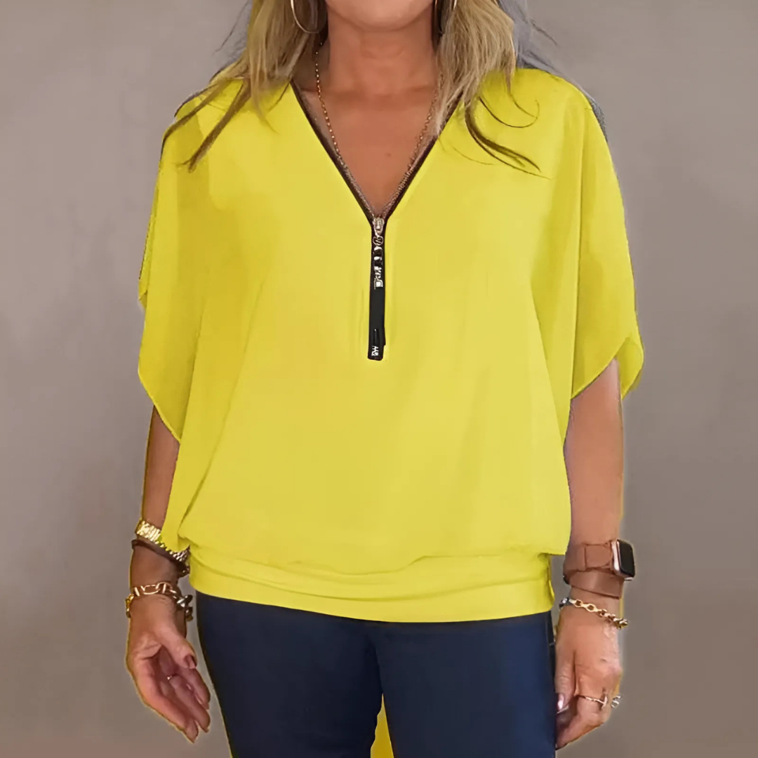 Icone™ LooseBlouse: Komfortabel V-hals med glidelås løs bluse til kvinner