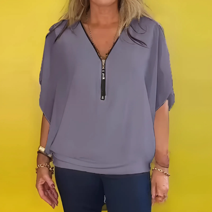 Icone™ LooseBlouse: Komfortabel V-hals med glidelås løs bluse til kvinner