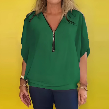 Icone™ LooseBlouse: Komfortabel V-hals med glidelås løs bluse til kvinner