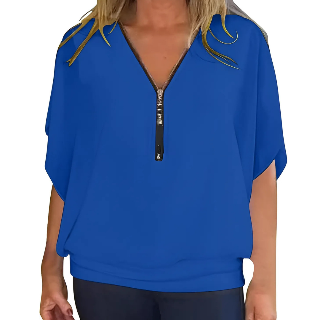 Icone™ LooseBlouse: Komfortabel V-hals med glidelås løs bluse til kvinner