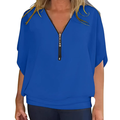 Icone™ LooseBlouse: Komfortabel V-hals med glidelås løs bluse til kvinner