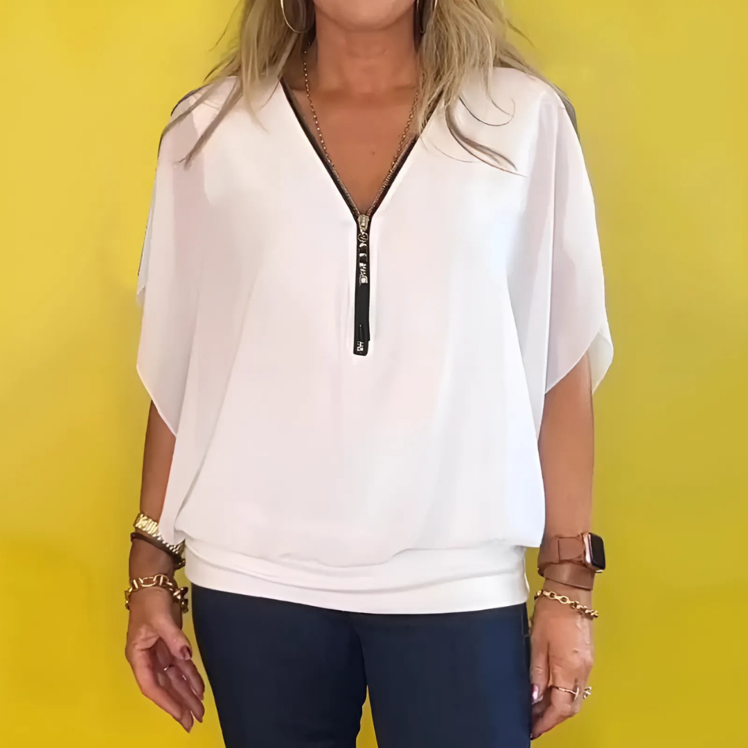 Icone™ LooseBlouse: Komfortabel V-hals med glidelås løs bluse til kvinner