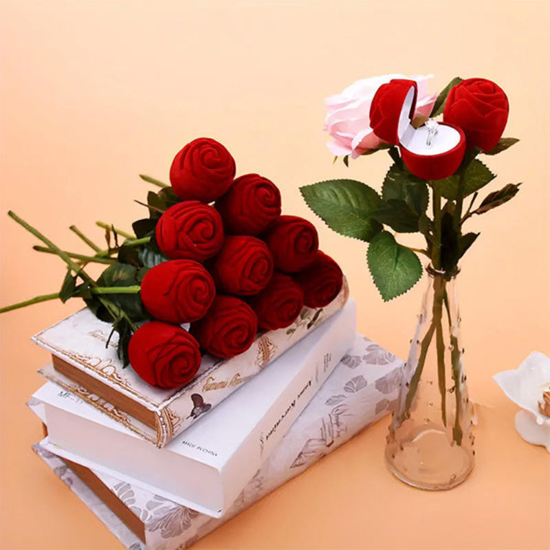 RingBox 1+1 GRATIS: Deluxe Romantisk Rød Rose Ringboks Holder