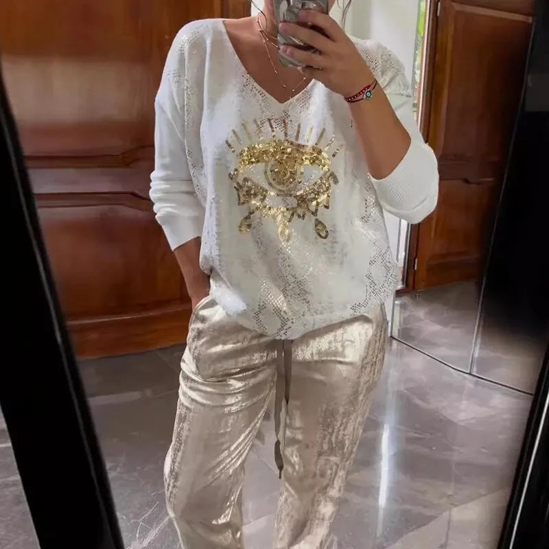 Icone™ SequinSet: Afslappet Skinnende Ond Øje Top Og Bukser Paillet Sæt