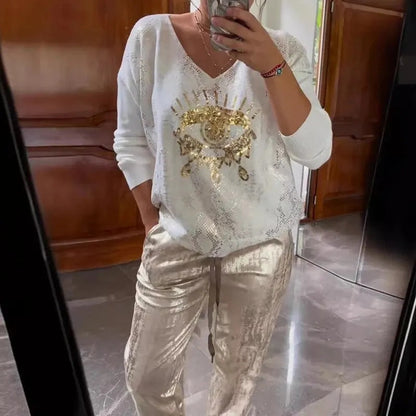 Icone™ SequinSet: Afslappet Skinnende Ond Øje Top Og Bukser Paillet Sæt
