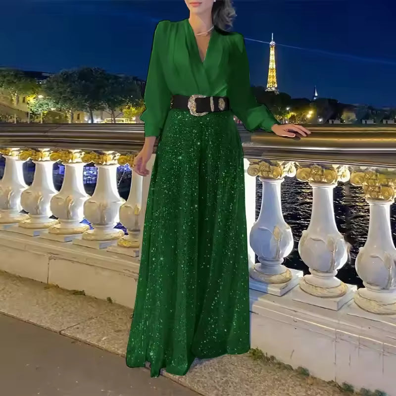 Icone™ ClassicJumpsuit - Elegant V-Udskæring Langærmet Paillet Classic Jumpsuit