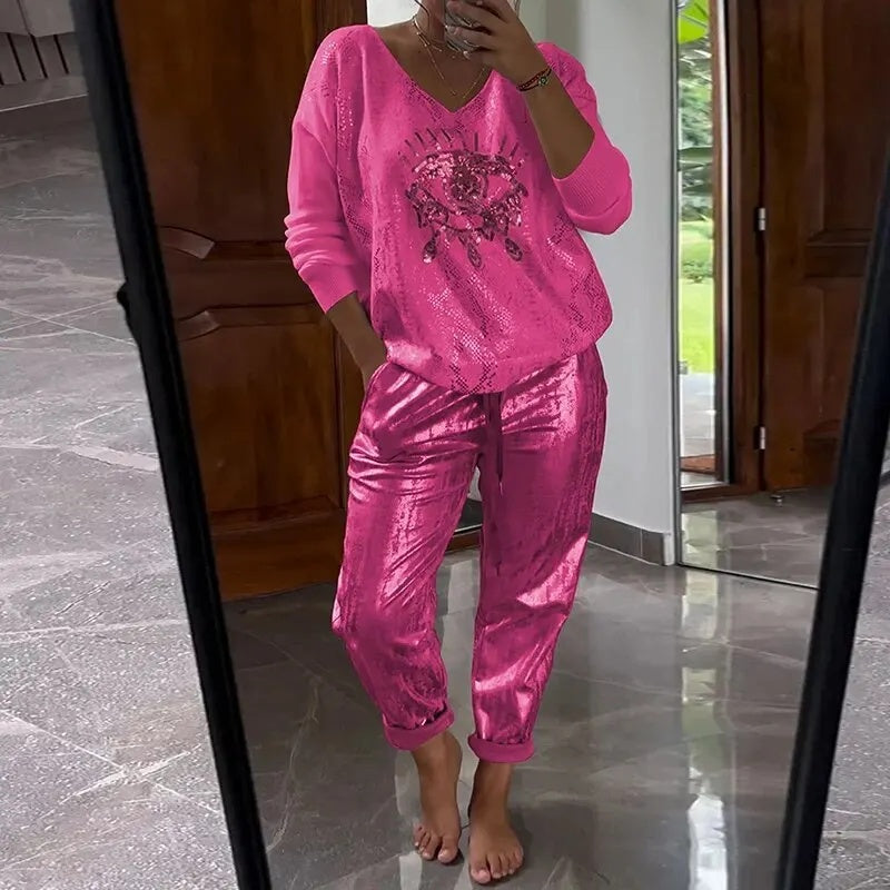 Icone™ SequinSet: Afslappet Skinnende Ond Øje Top Og Bukser Paillet Sæt