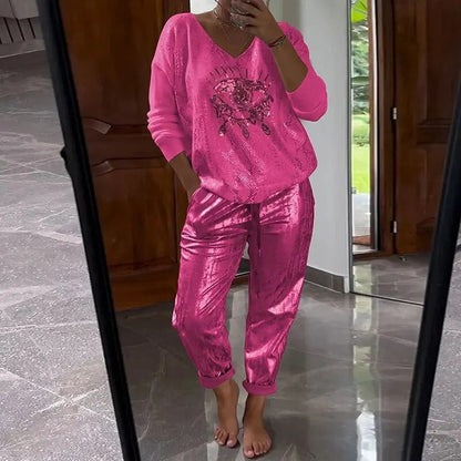 Icone™ SequinSet: Afslappet Skinnende Ond Øje Top Og Bukser Paillet Sæt