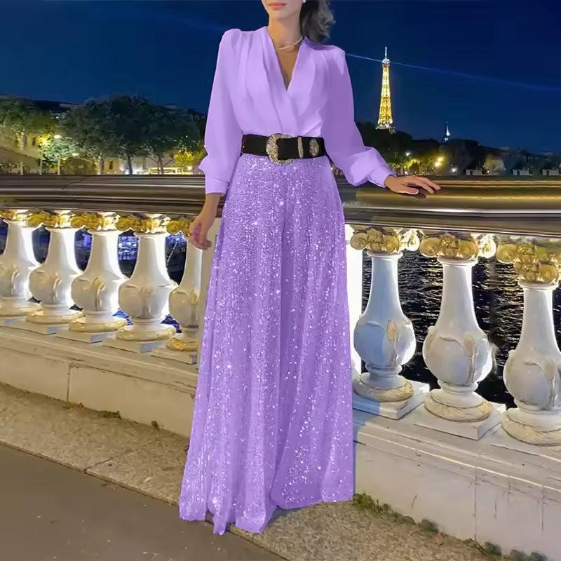 Icone™ ClassicJumpsuit - Elegant V-Udskæring Langærmet Paillet Classic Jumpsuit