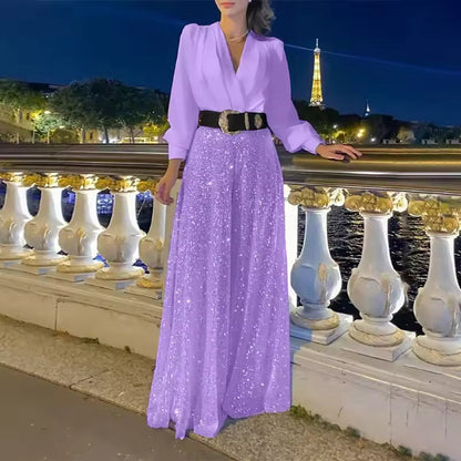 Icone™ ClassicJumpsuit - Elegant V-Udskæring Langærmet Paillet Classic Jumpsuit