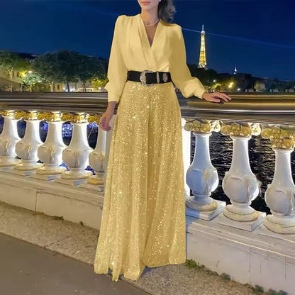 Icone™ ClassicJumpsuit - Elegant V-Udskæring Langærmet Paillet Classic Jumpsuit