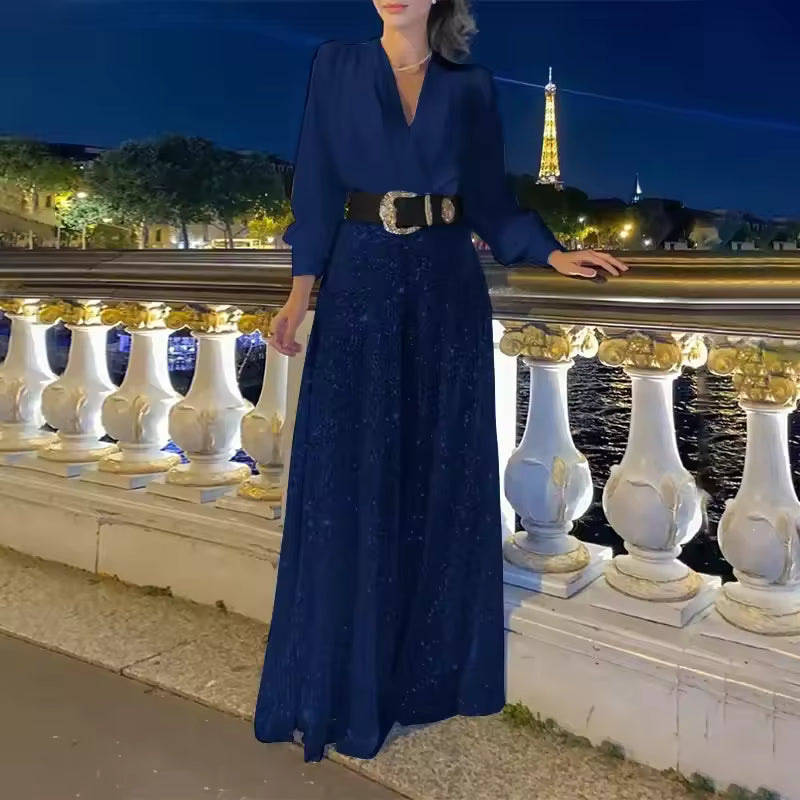 Icone™ ClassicJumpsuit - Elegant V-Udskæring Langærmet Paillet Classic Jumpsuit