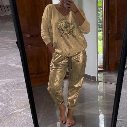 Icone™ SequinSet: Afslappet Skinnende Ond Øje Top Og Bukser Paillet Sæt