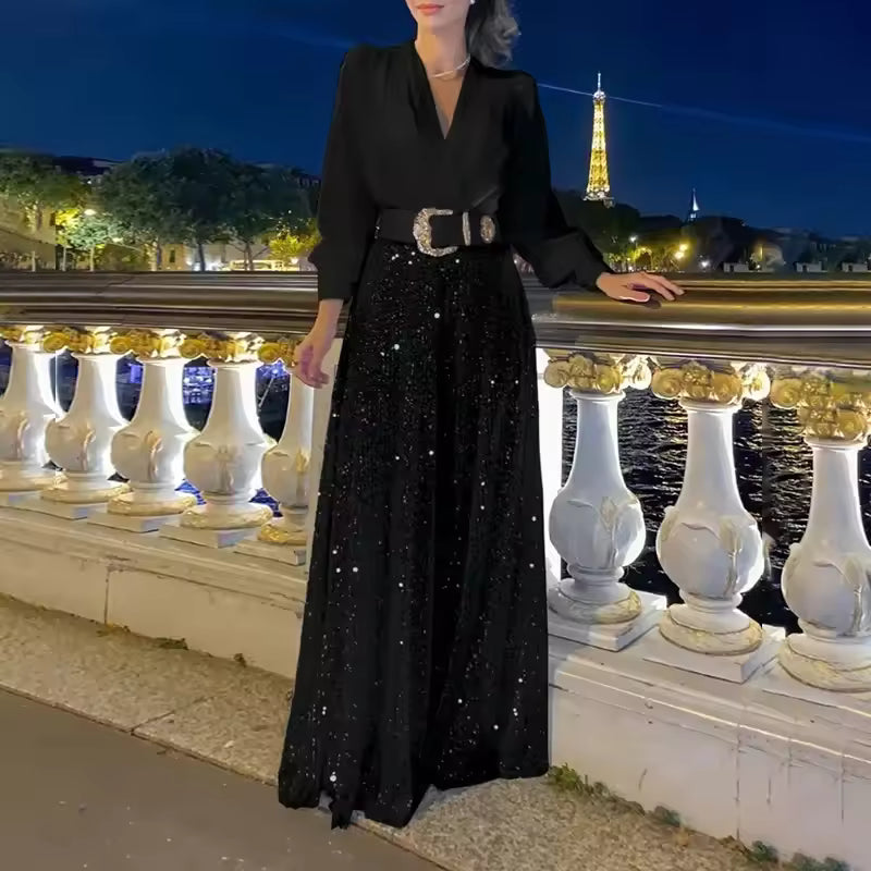 Icone™ ClassicJumpsuit - Elegant V-Udskæring Langærmet Paillet Classic Jumpsuit
