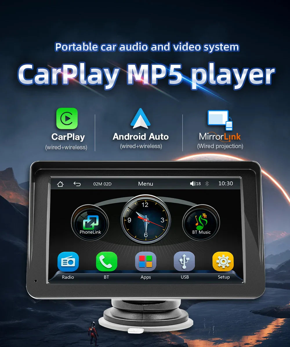 CarPlay - 7 Tommer Trådløs Bærbar Android Bilskjerm