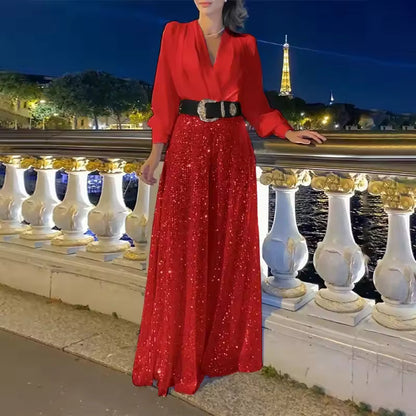 Icone™ ClassicJumpsuit - Elegant V-Udskæring Langærmet Paillet Classic Jumpsuit