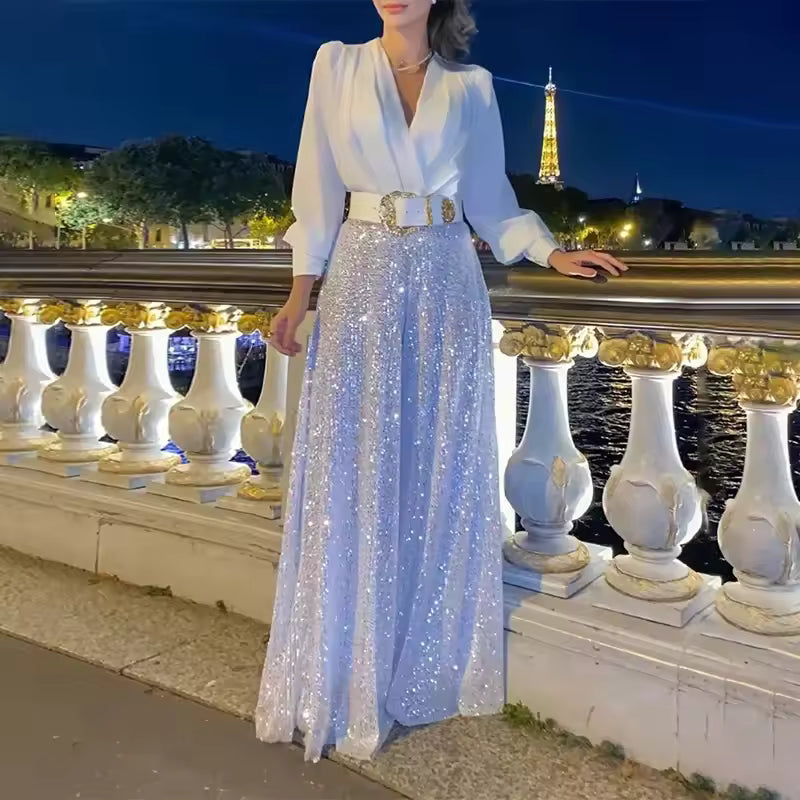 Icone™ ClassicJumpsuit - Elegant V-Udskæring Langærmet Paillet Classic Jumpsuit
