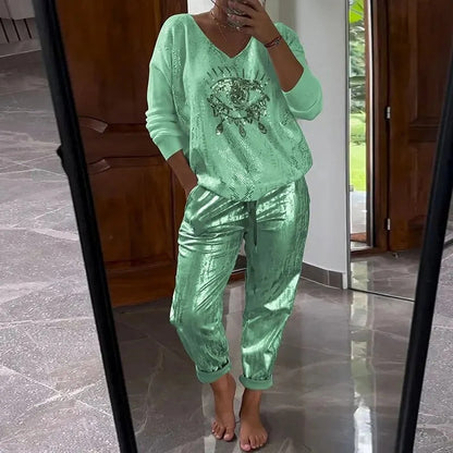 Icone™ SequinSet: Afslappet Skinnende Ond Øje Top Og Bukser Paillet Sæt
