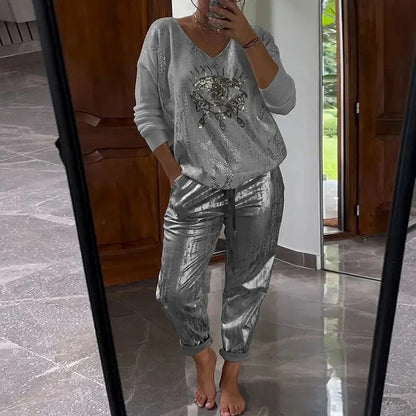 Icone™ SequinSet: Afslappet Skinnende Ond Øje Top Og Bukser Paillet Sæt